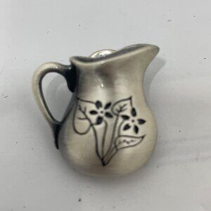 Tiny Pewter Pitcher Pin Brooch With Floral Design - Vintage Style Jewelry Piece